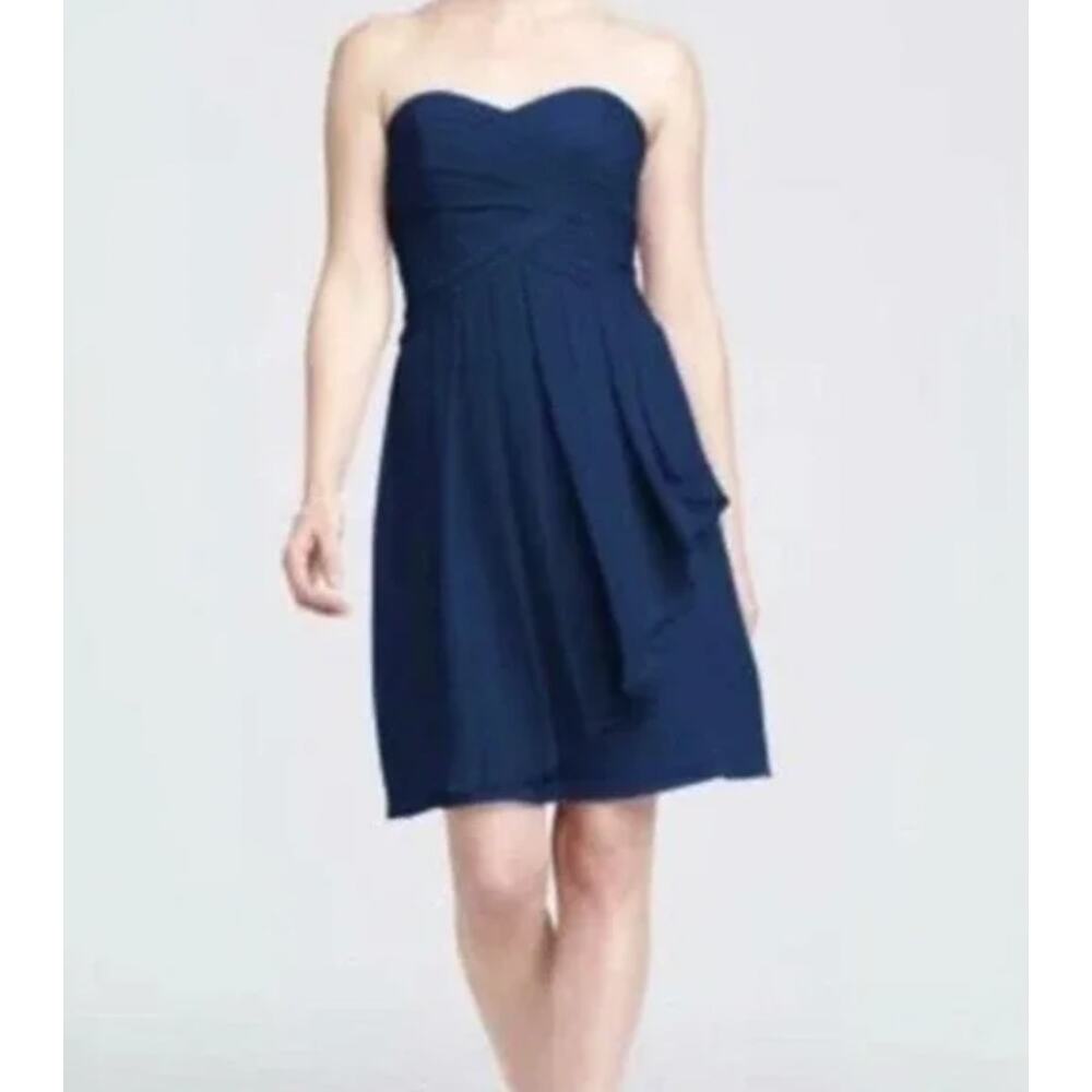 David's Bridal Short Crinkle Chiffon Dress Front Cascade Navy Strapless Mini